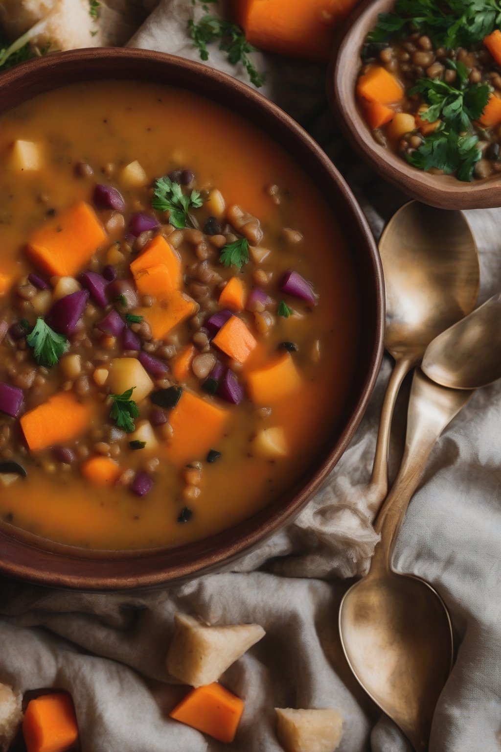 A high-resolution close-up photo of root vegetable lentil soup with colorful chunks under soft lighting.