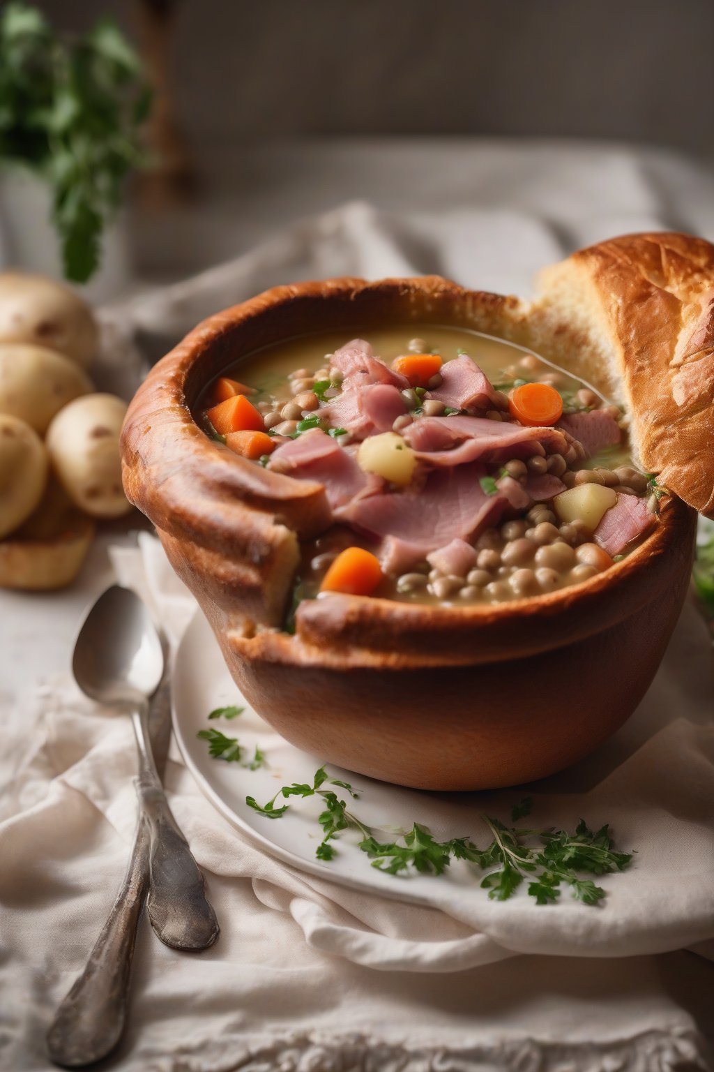 A high-resolution photo of ham and lentil soup with tender potatoes in a bread bowl under soft lighting.