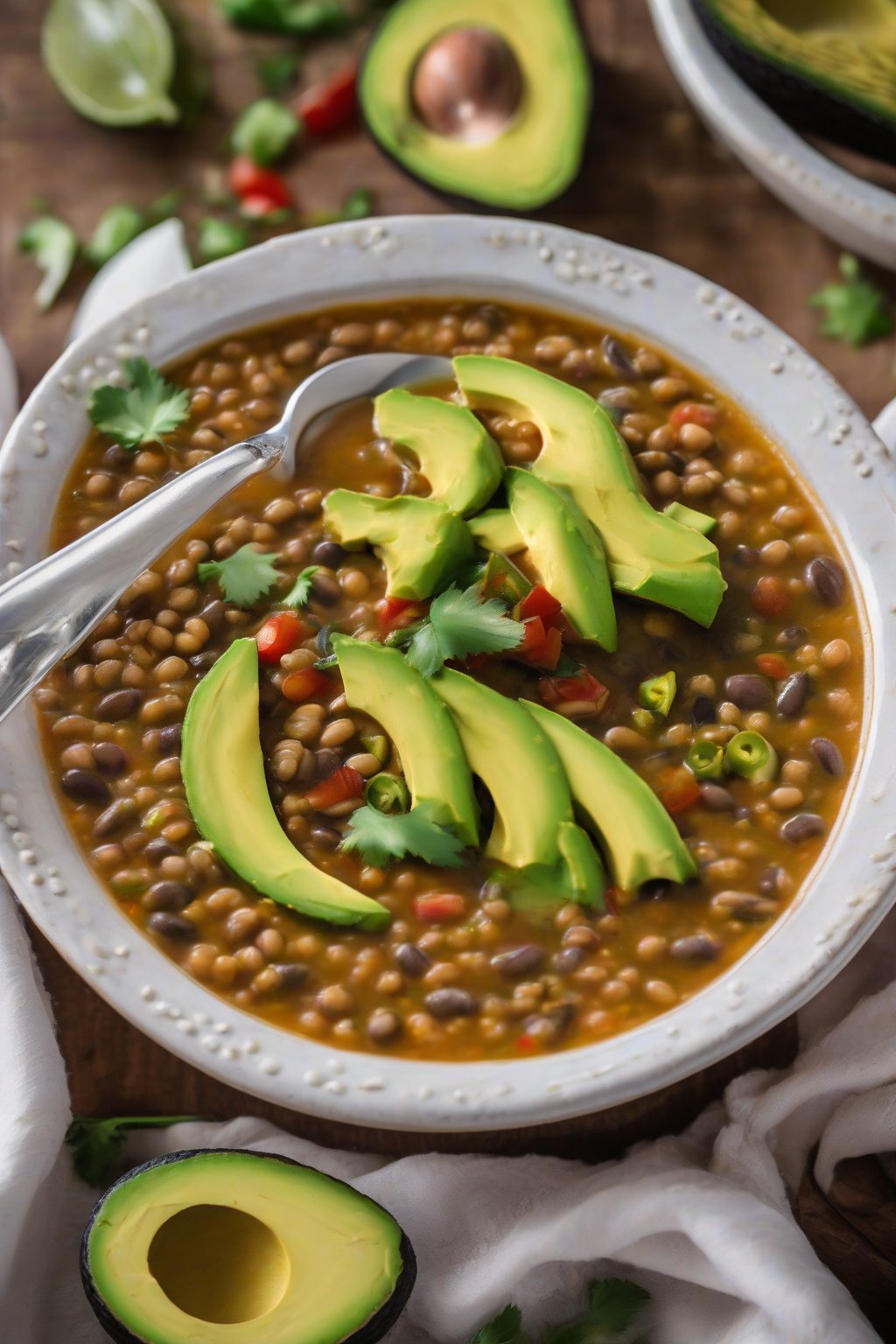 A high-resolution photo of Mexican lentil soup topped with avocado and jalapeños under soft lighting.