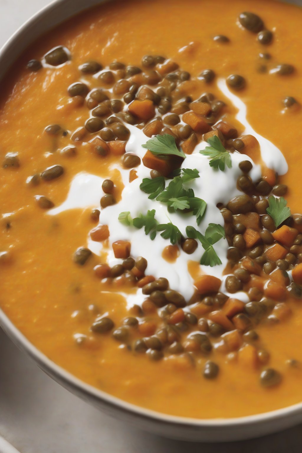 A high-resolution close-up photo of smooth sweet potato lentil soup drizzled with yogurt under soft lighting.