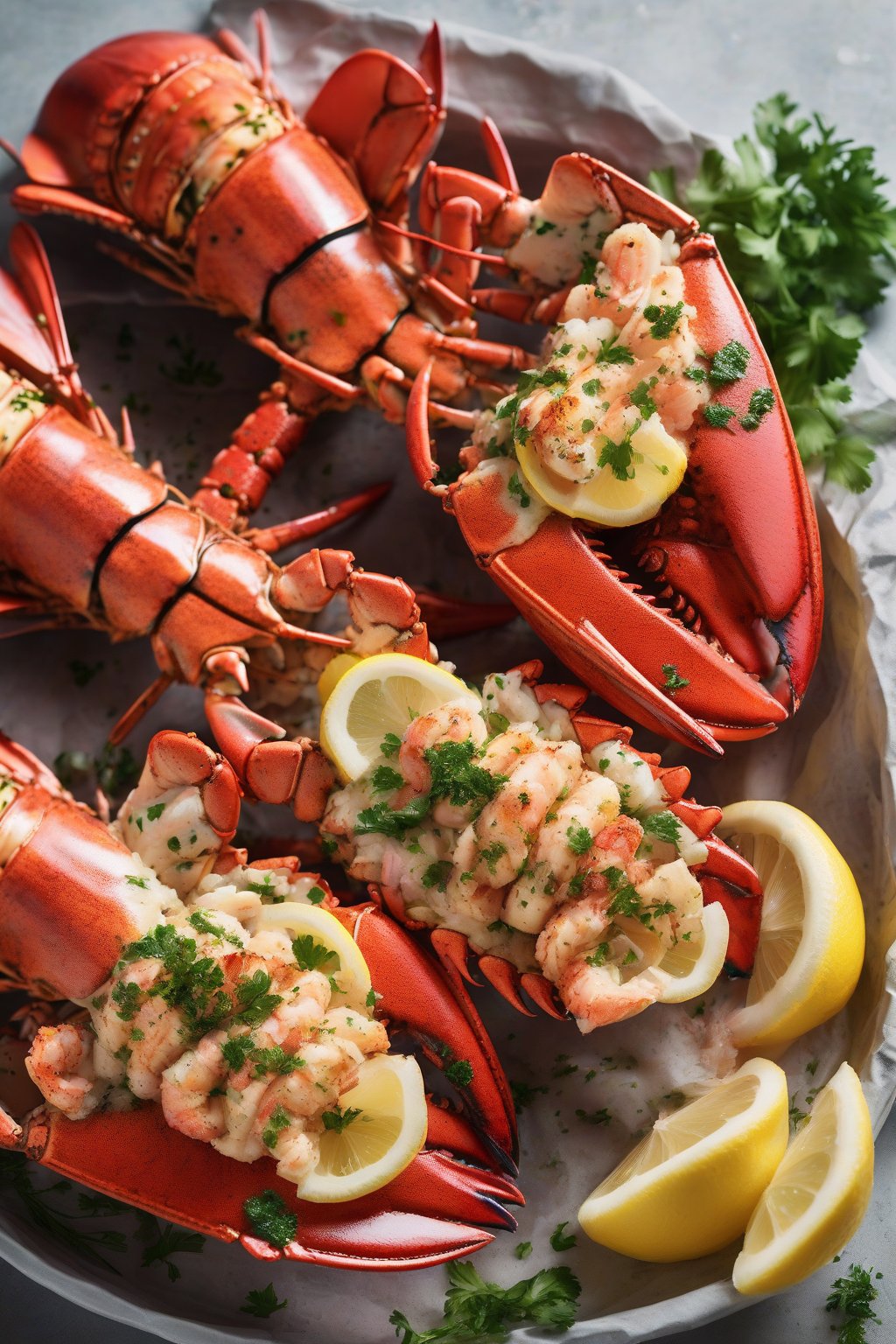A high-resolution photo of grilled lobster tails glistening with garlic butter, garnished with lemon and parsley, under soft lighting.