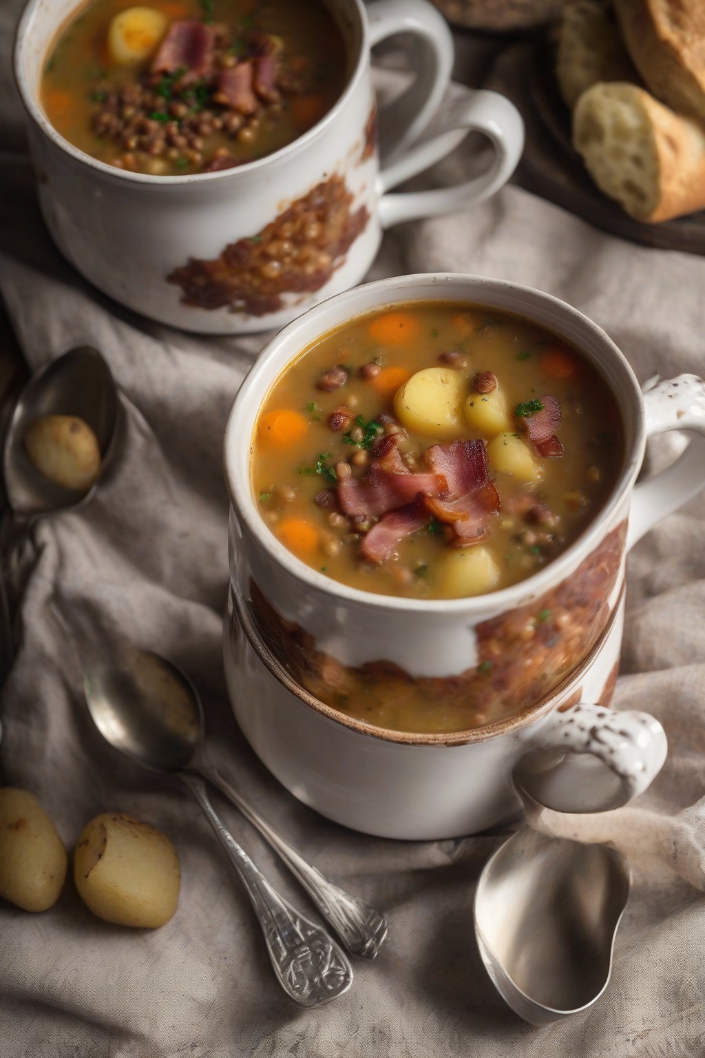 A high-resolution photo of German lentil soup with bacon and potatoes in a stein mug under soft lighting.