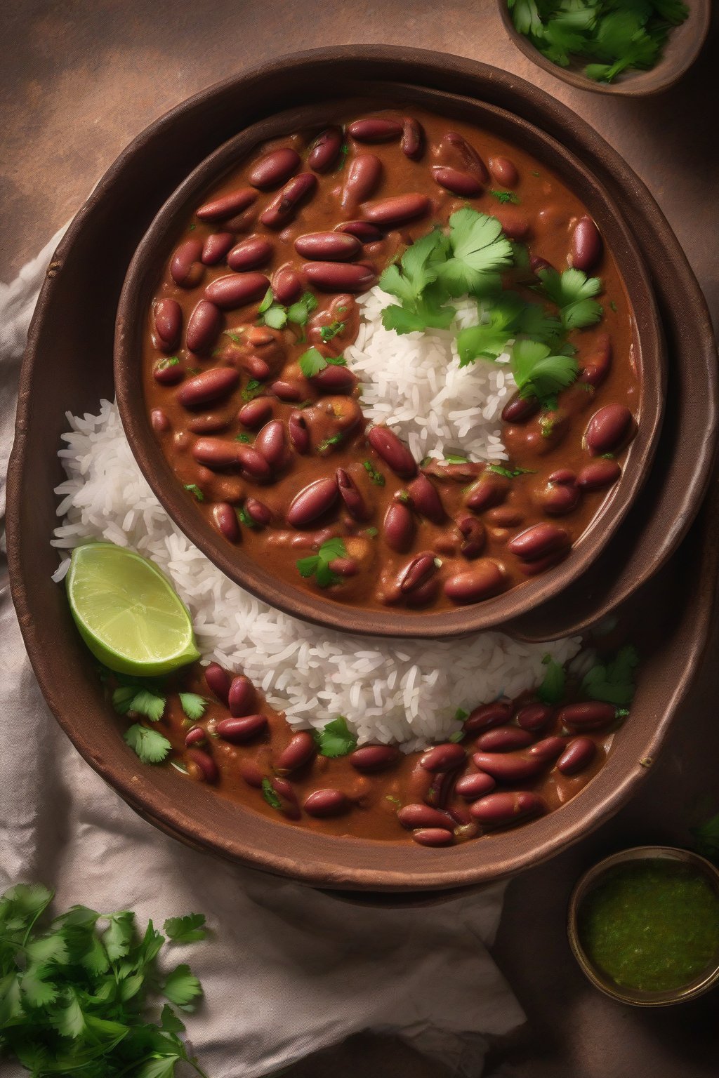 A high-resolution photo of steaming Punjabi rajma masala garnished with cilantro in a clay bowl, served with rice, under soft lighting.