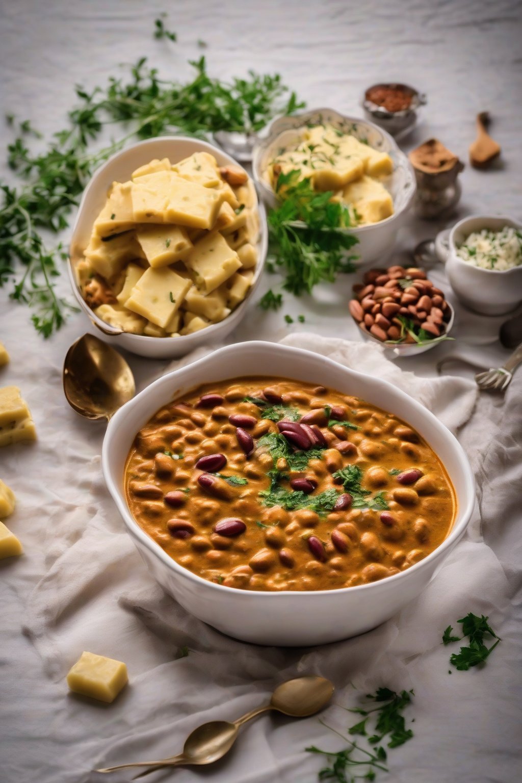 A high-resolution photo of creamy rajma butter masala topped with butter cubes and kasuri methi in a white bowl, under soft lighting.