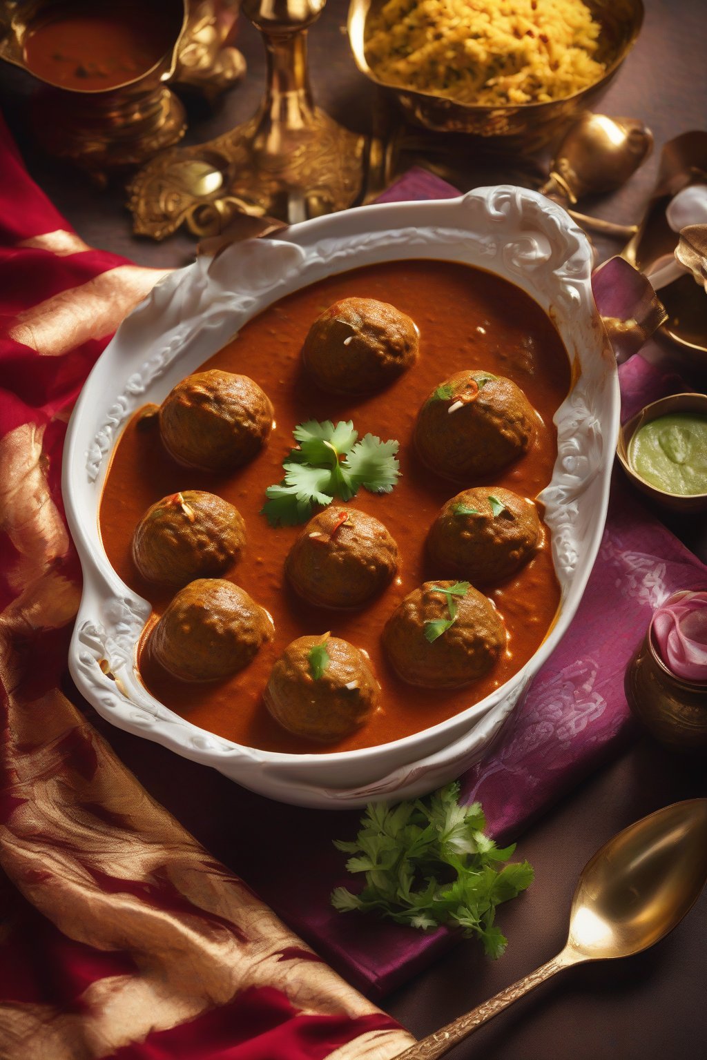 A high-resolution photo of rajma kofta curry with golden koftas floating in red gravy, garnished with cream, under soft lighting.