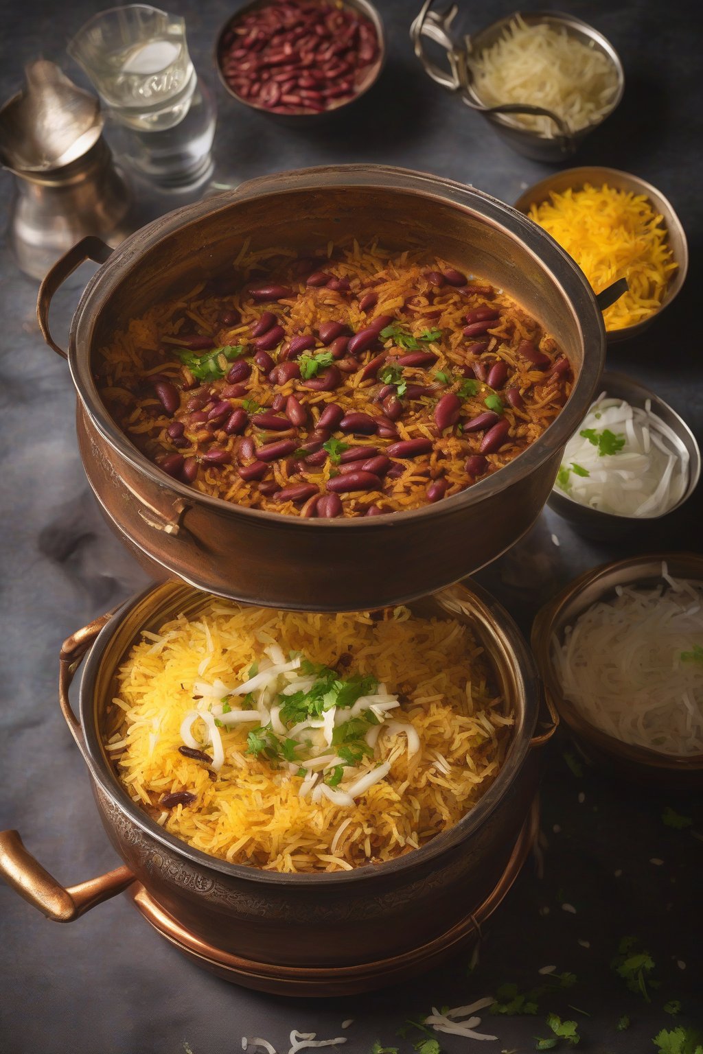 A high-resolution photo of layered spicy rajma biryani in a handi pot, steam rising with fried onions on top, under soft lighting.