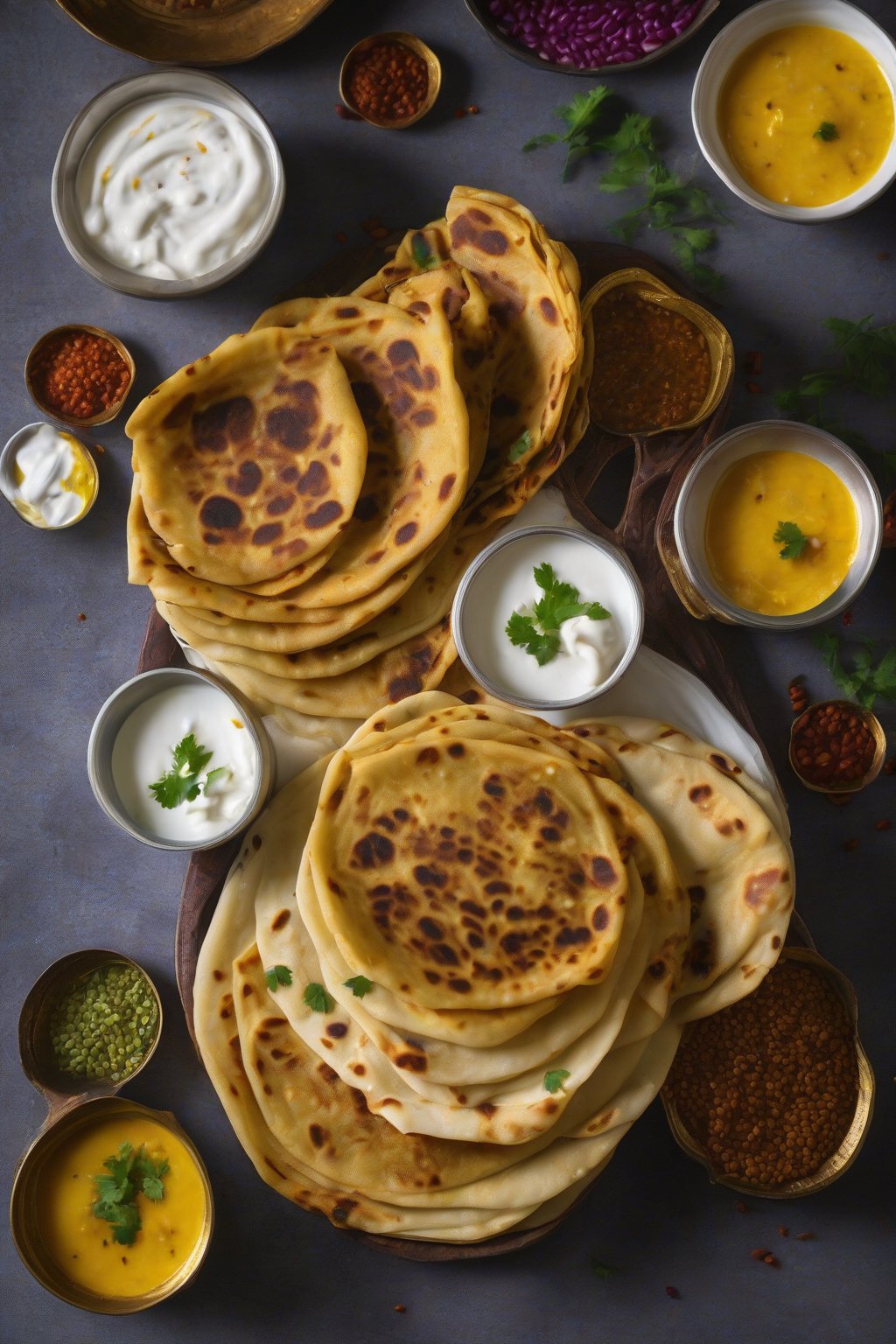A high-resolution photo of golden rajma stuffed parathas stacked with ghee glistening, side of yogurt, under soft lighting.