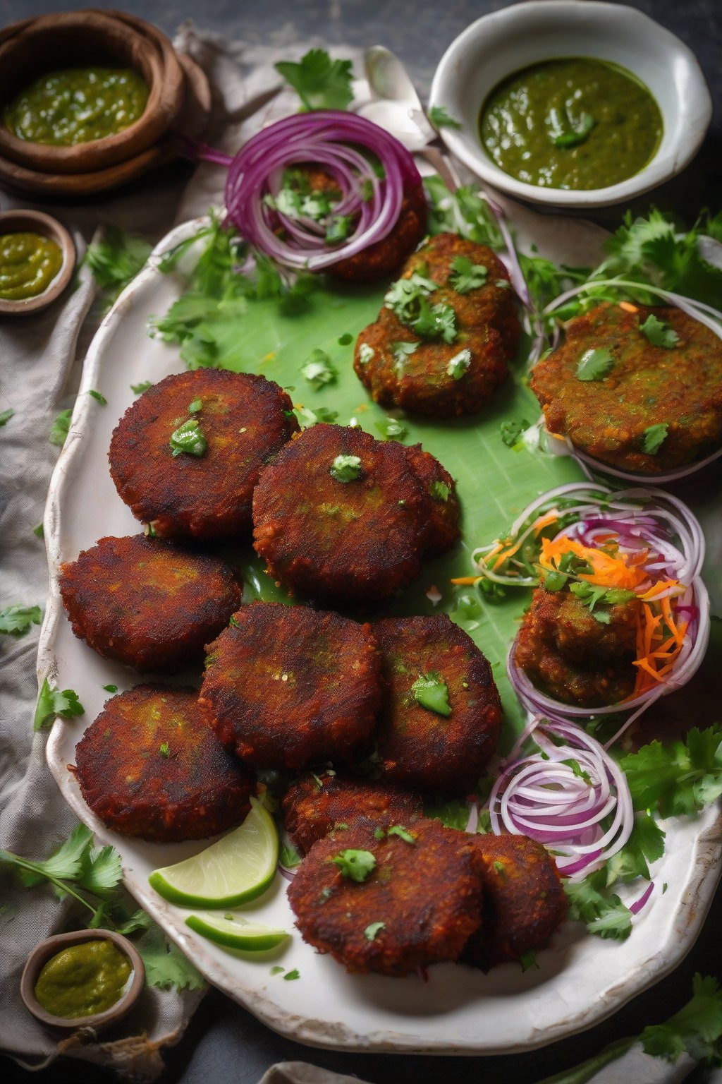 A high-resolution photo of crispy rajma tikkis on a plate with green chutney and onions, bite taken out, under soft lighting.