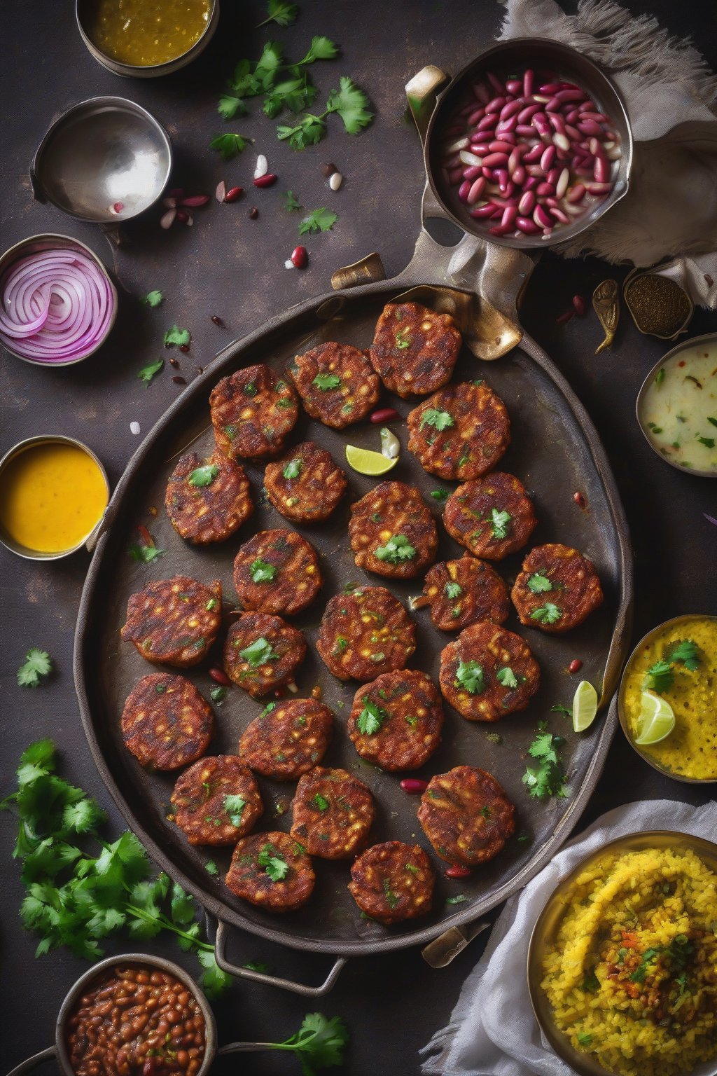 A high-resolution photo of soft rajma galouti kebabs sizzling on a tawa with ghee, garnished with onions, under soft lighting.