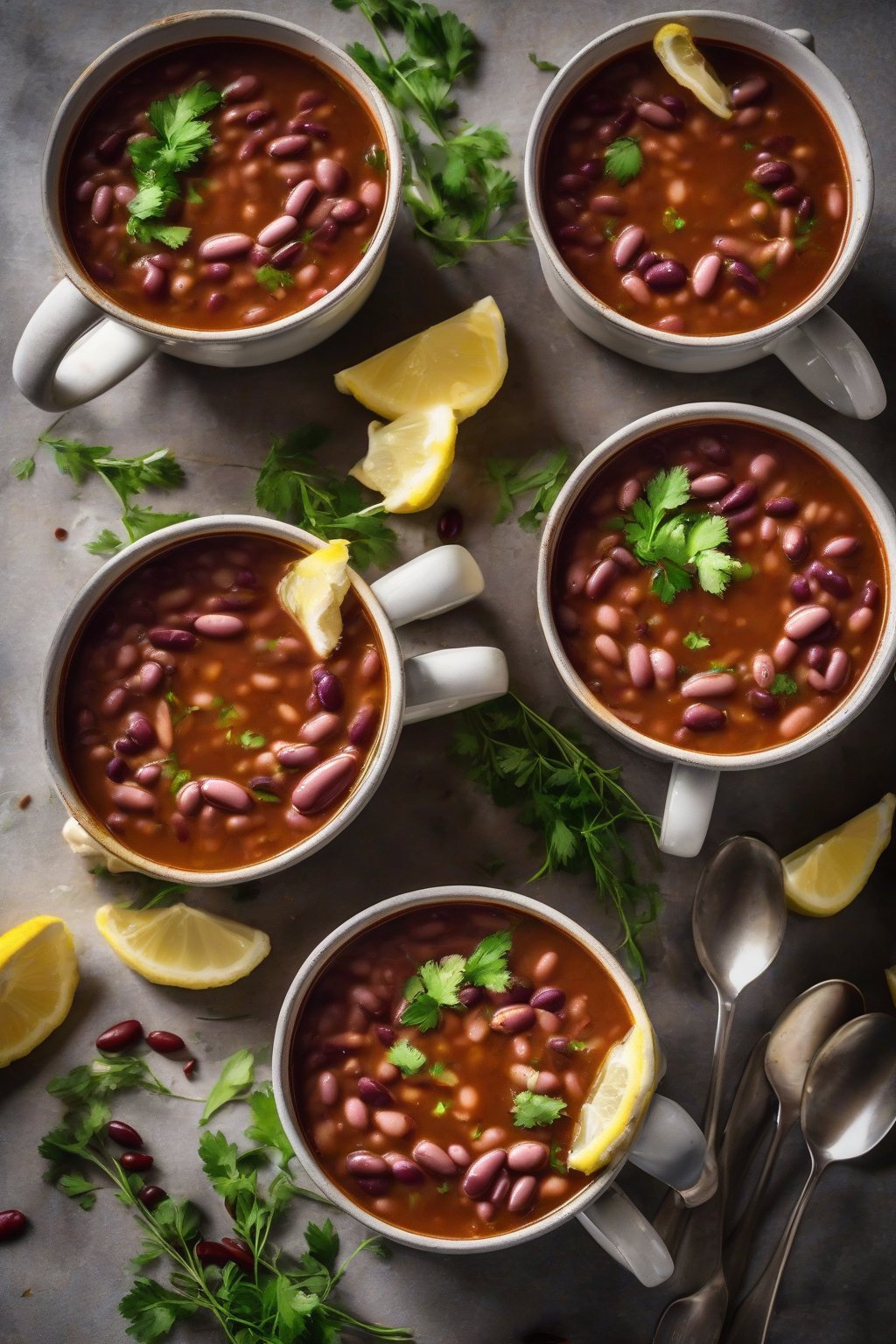 A high-resolution photo of steaming hearty rajma soup in mugs with lemon wedges and herbs, under soft lighting.