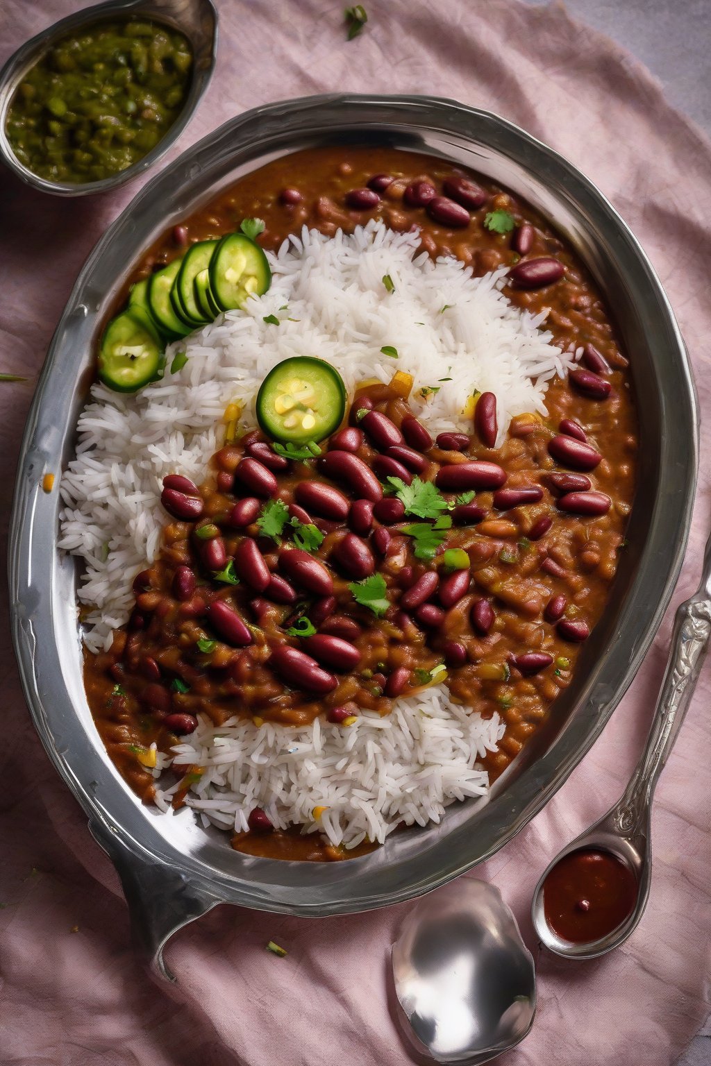 A high-resolution photo of rajma chawal in a steel plate with tadka drizzle and pickle, under soft lighting.