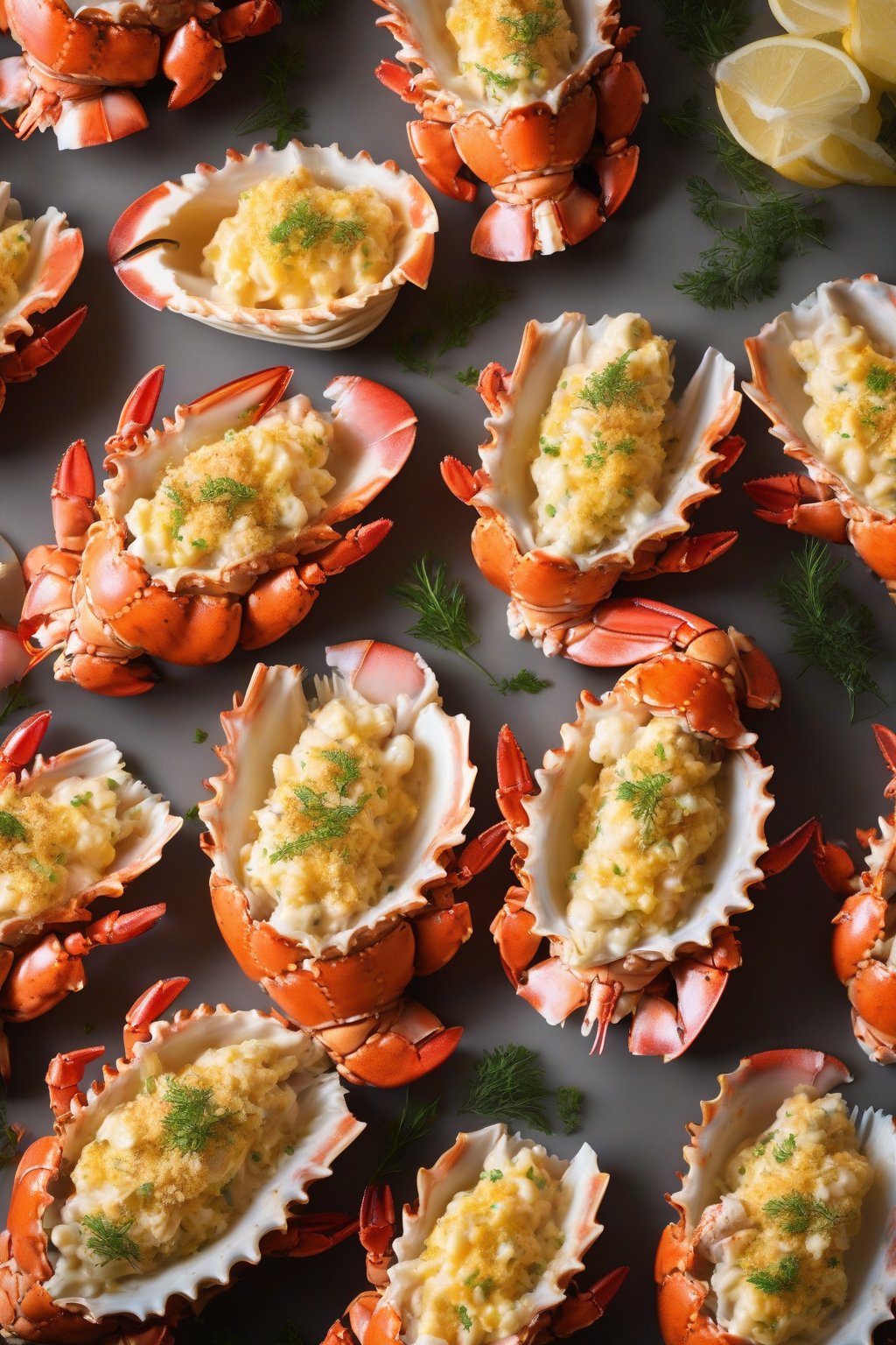 A high-resolution photo of lobster tail thermidor in shells, bubbly with golden cheese crust, under soft lighting.