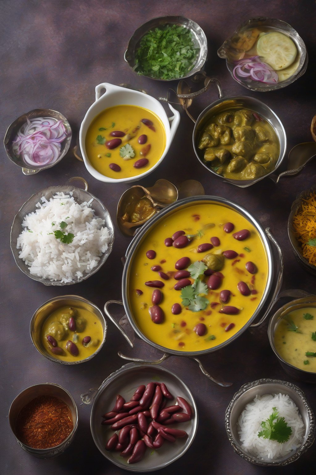A high-resolution photo of rajma kadhi with floating pakoras and tadka tempering, served with rice, under soft lighting.
