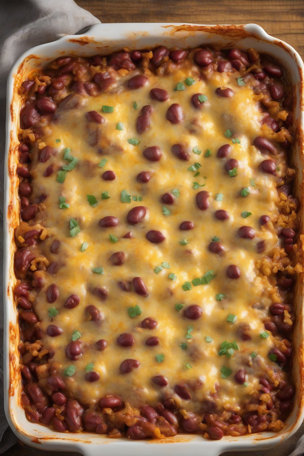 A high-resolution photo of bubbly baked rajma casserole fresh from oven with golden cheese crust, under soft lighting.
