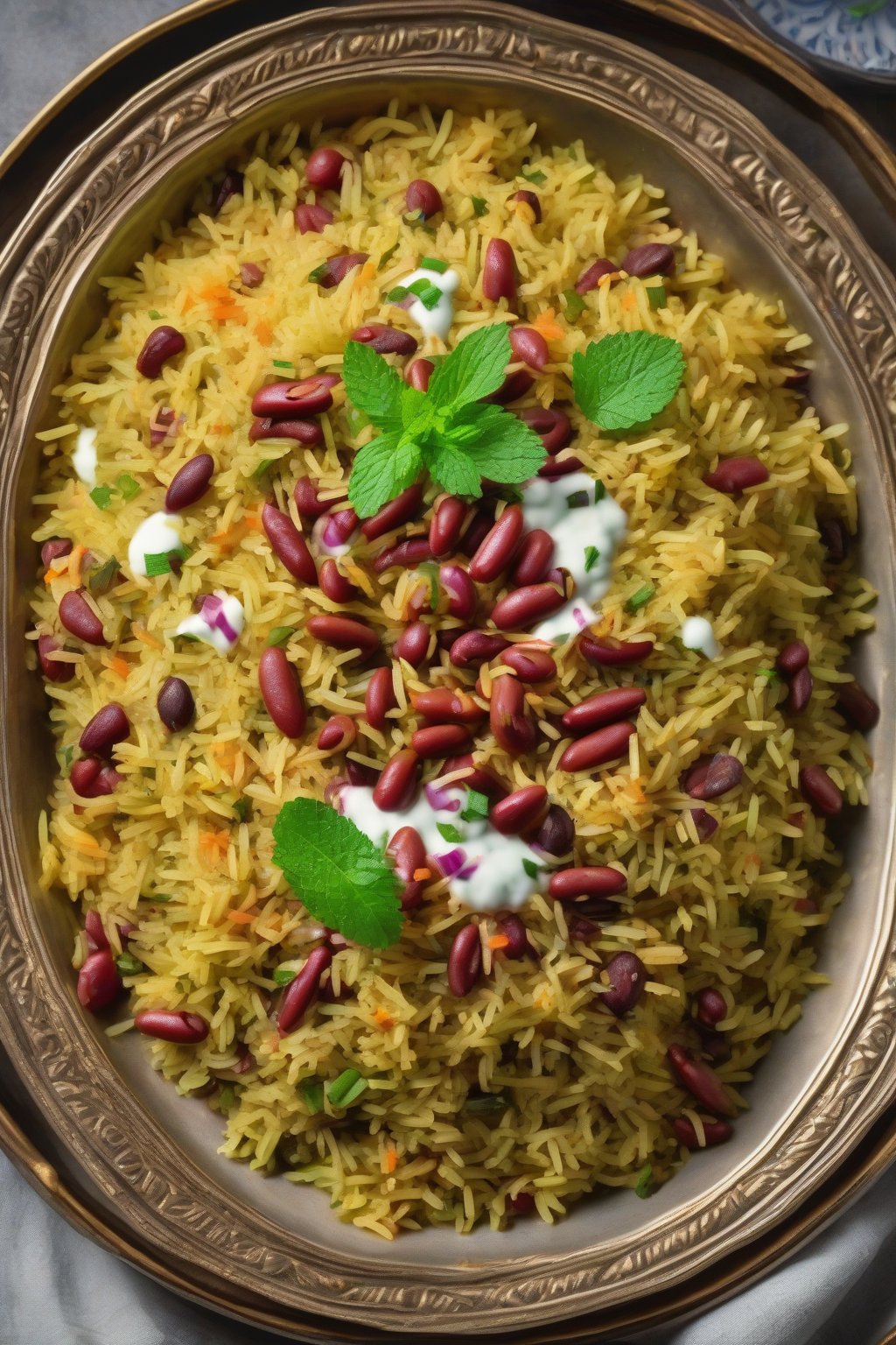 A high-resolution photo of colorful rajma pulao mounded with mint raita swirl, under soft lighting.