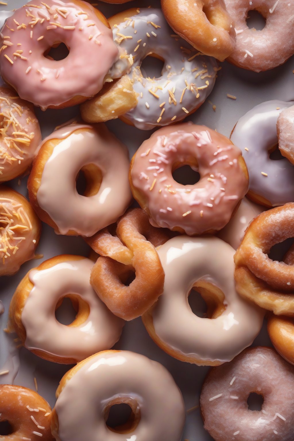 A high-resolution photo of a stack of classic glazed donuts glistening under soft lighting.