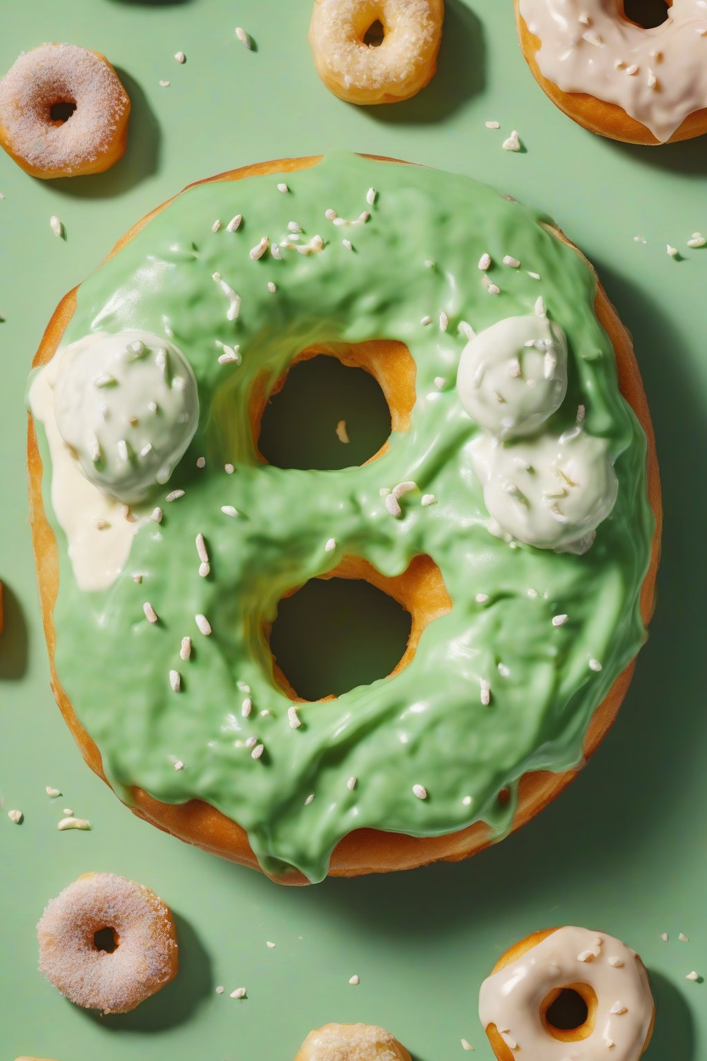 A high-resolution photo of a green-jacket filled donut with cream oozing out under soft lighting.