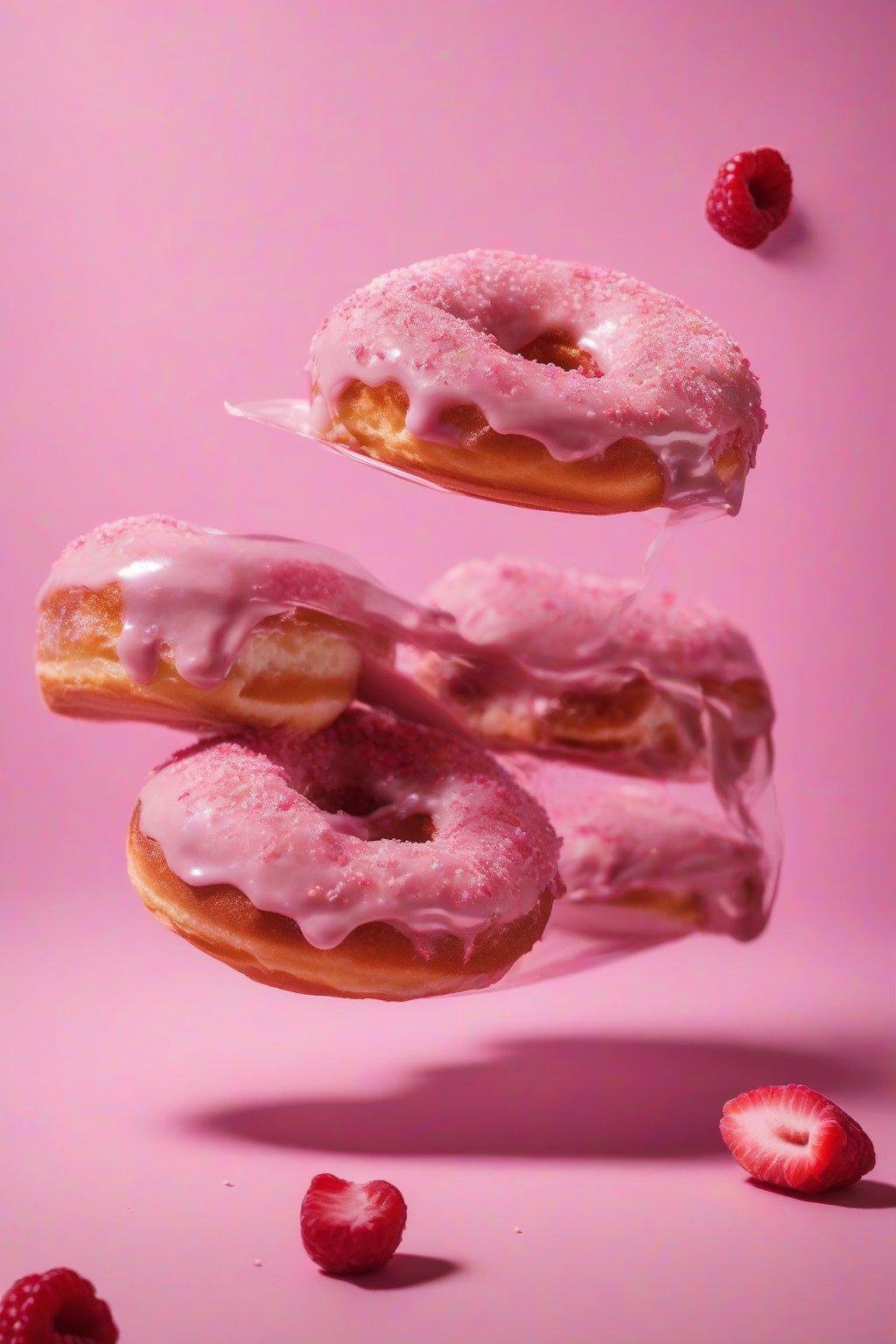 A high-resolution photo of a berry cream donut sliced open revealing pink filling under soft lighting.