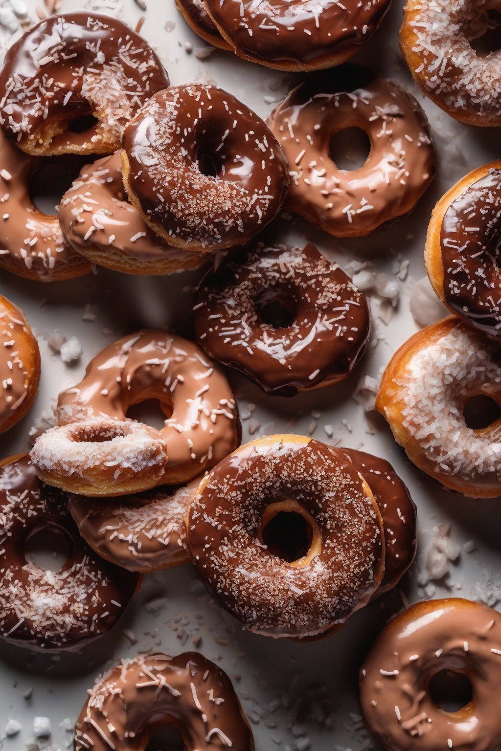 A high-resolution photo of chocolate-glazed donuts with sea salt flecks under soft lighting.