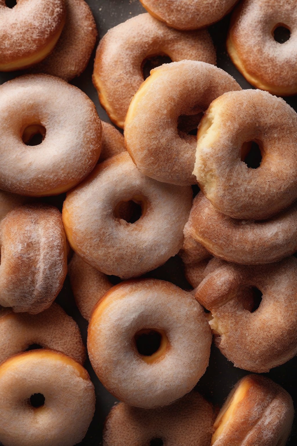 A high-resolution photo of cinnamon sugar donuts piled high under soft lighting.