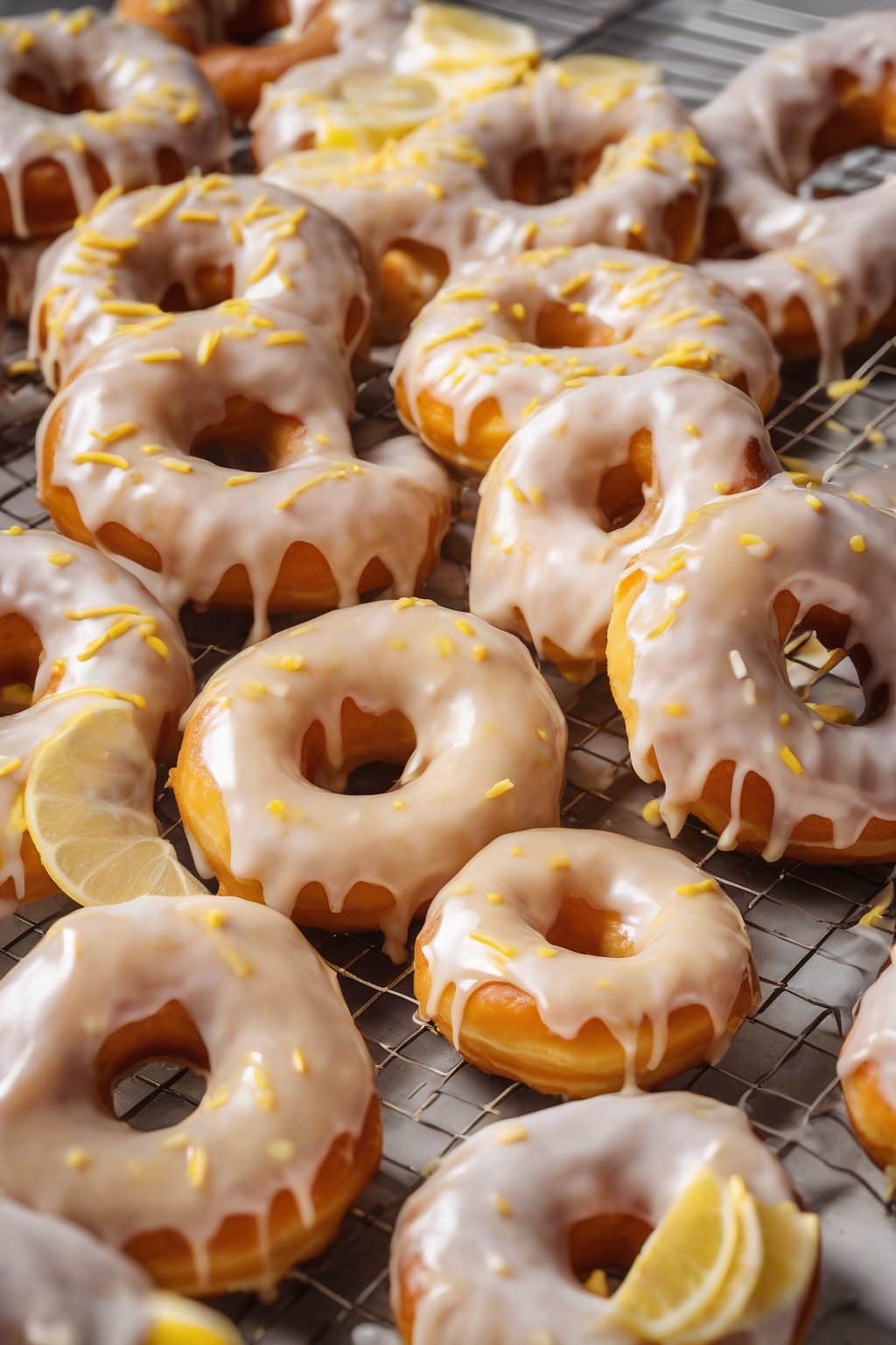 A high-resolution photo of lemon zest donuts drizzled with glaze under soft lighting.