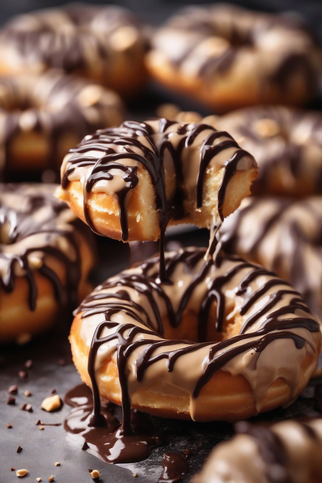 A high-resolution photo of a peanut butter-filled donut with chocolate drizzle under soft lighting.