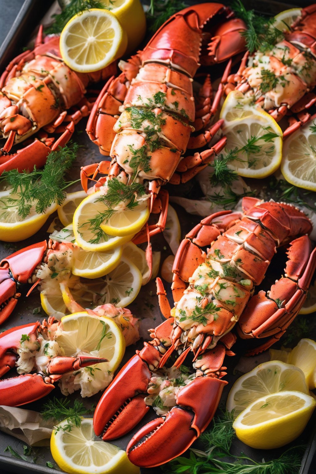 A high-resolution photo of baked lemon herb lobster tails, bright with green herbs and lemon slices, under soft lighting.