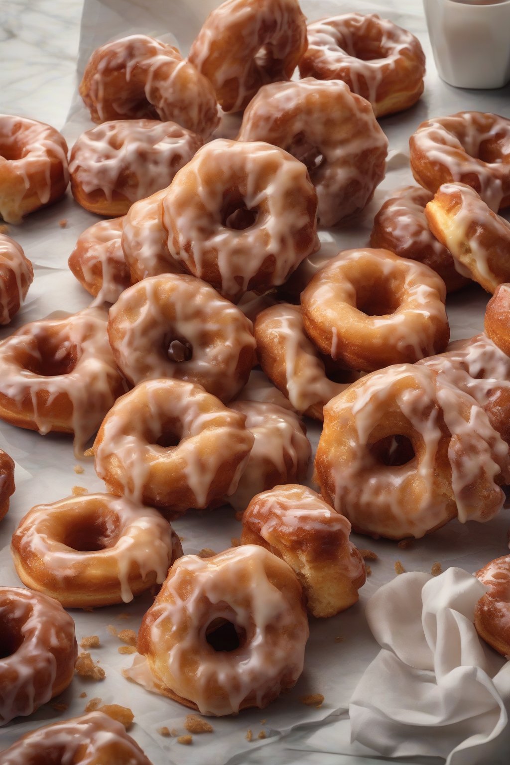 A high-resolution photo of chunky apple fritter donuts under soft lighting.