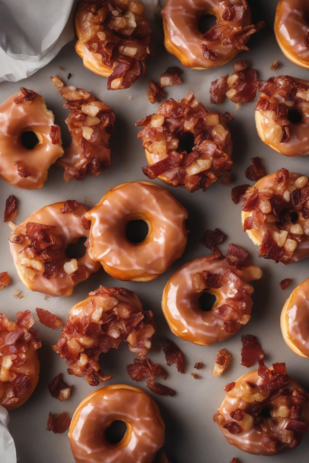 A high-resolution photo of maple bacon donuts with crispy bits under soft lighting.