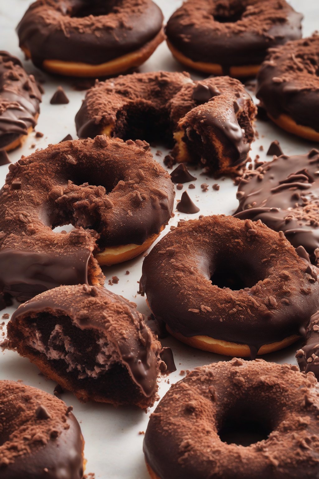 A high-resolution photo of dark chocolate truffle donuts dusted with cocoa under soft lighting.