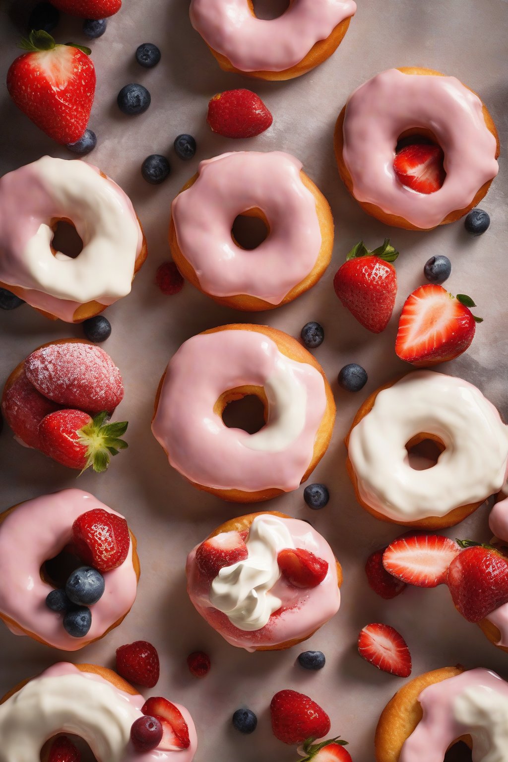 A high-resolution photo of strawberry shortcake donuts with cream and berries under soft lighting.