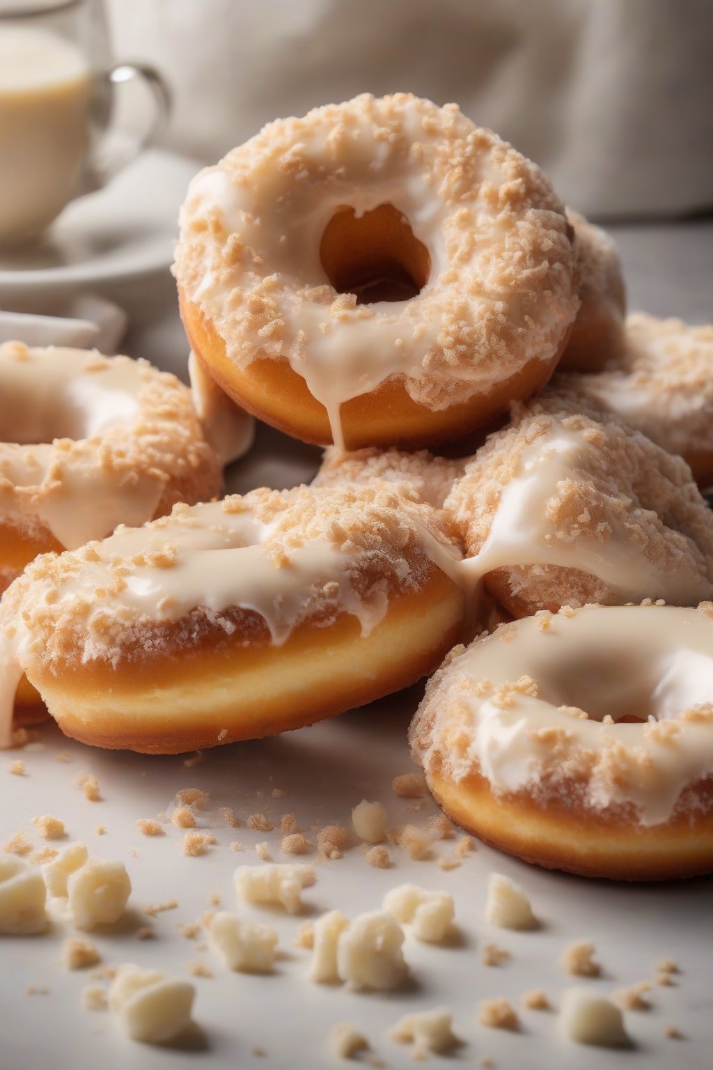 A high-resolution photo of cheesecake-filled donuts with graham topping under soft lighting.