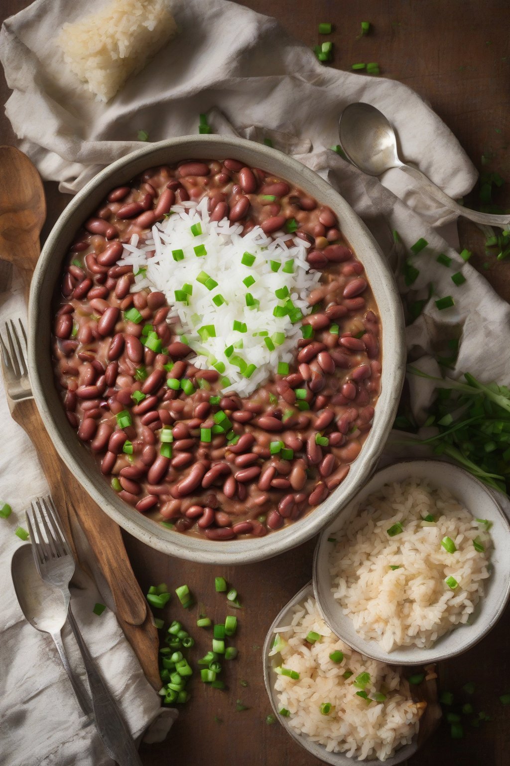 A high-resolution photo of a steaming bowl of classic Creole red beans and rice topped with green onions, under soft lighting.
