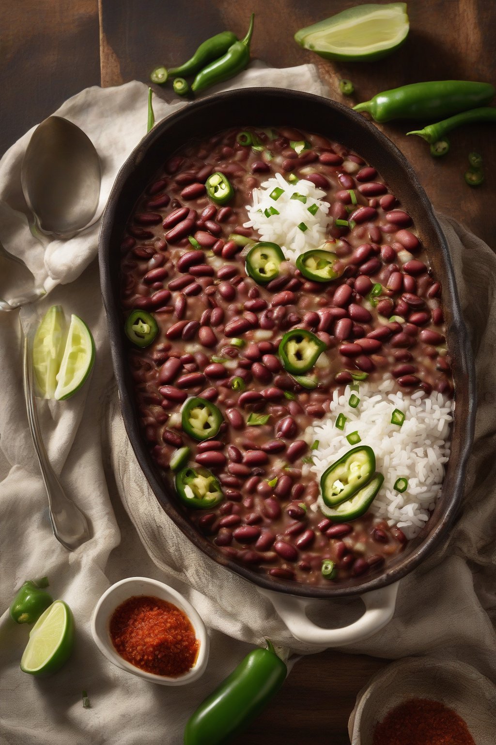 A high-resolution photo of spicy red beans and rice with jalapeño slices on top, steam rising, under soft lighting.