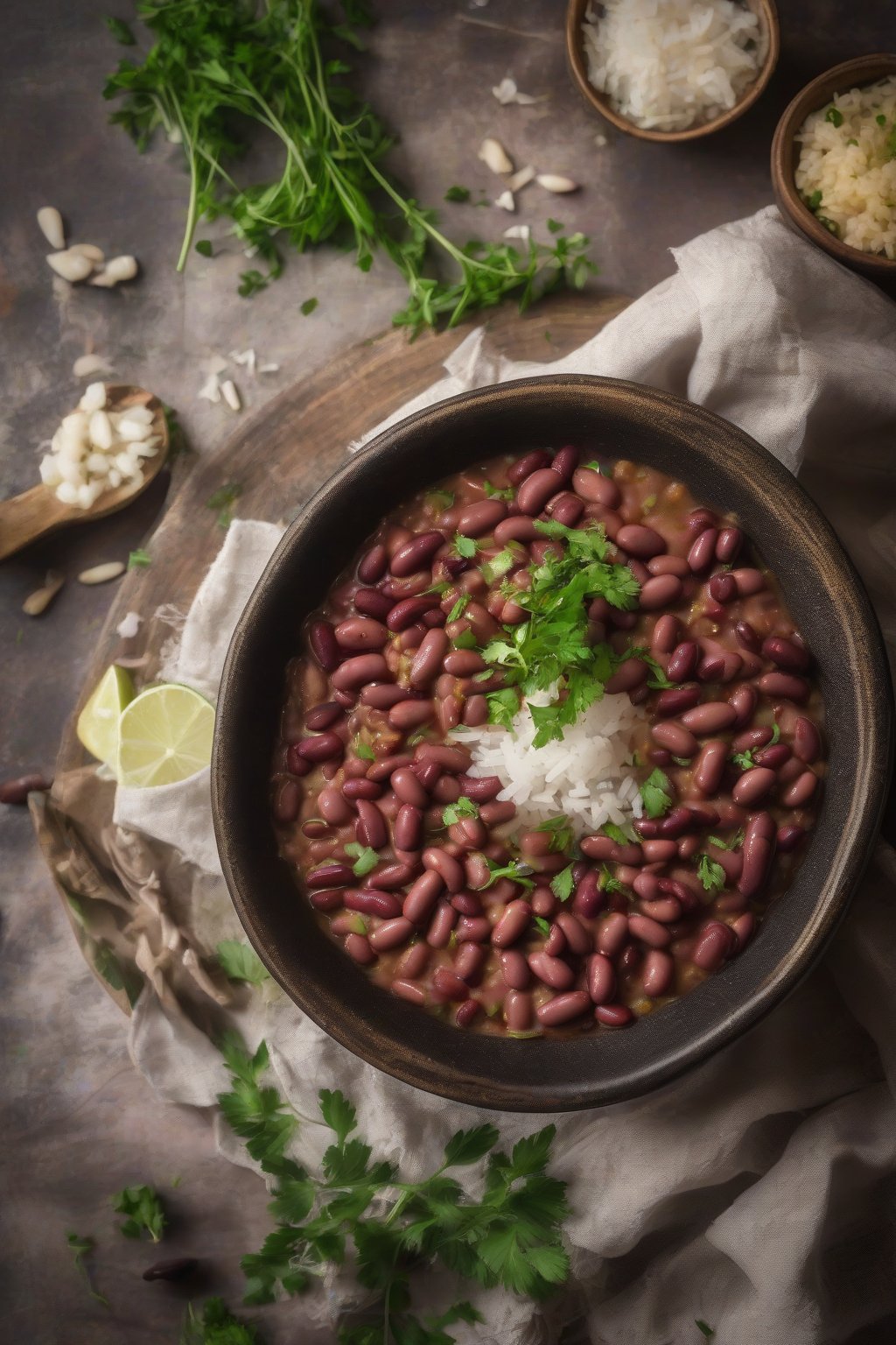 A high-resolution photo of vegetarian red beans and rice garnished with fresh herbs, in a rustic bowl, under soft lighting.