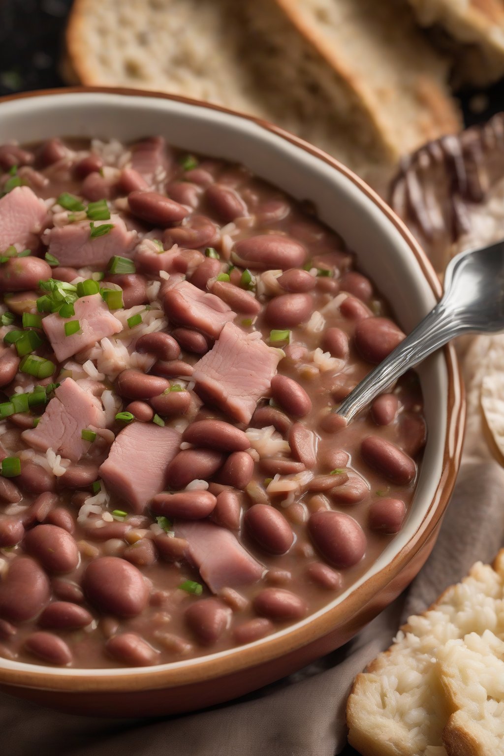 A high-resolution photo of slow cooker red beans and rice with chunks of ham, served family-style, under soft lighting.