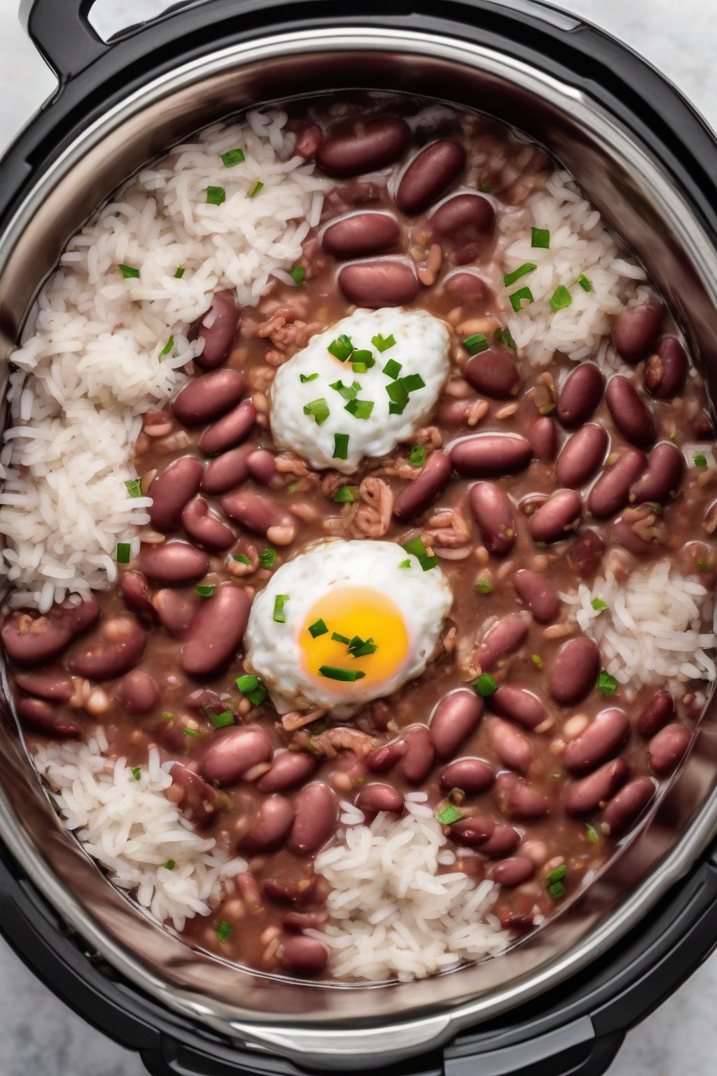A high-resolution photo of Instant Pot red beans and rice straight from the pot, with sausage slices visible, under soft lighting.