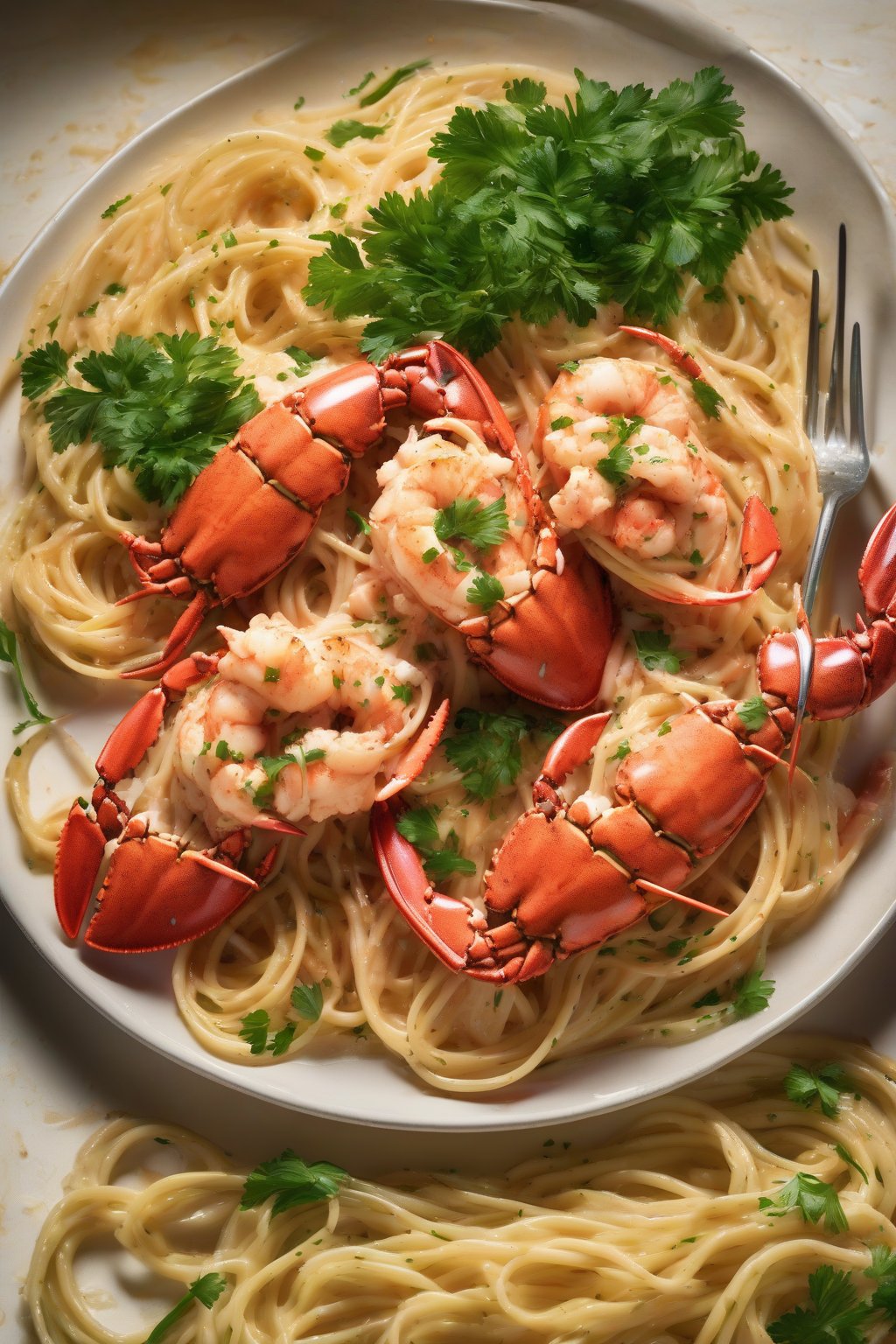 A high-resolution photo of lobster tail scampi over linguine, shiny with sauce and parsley, under soft lighting.