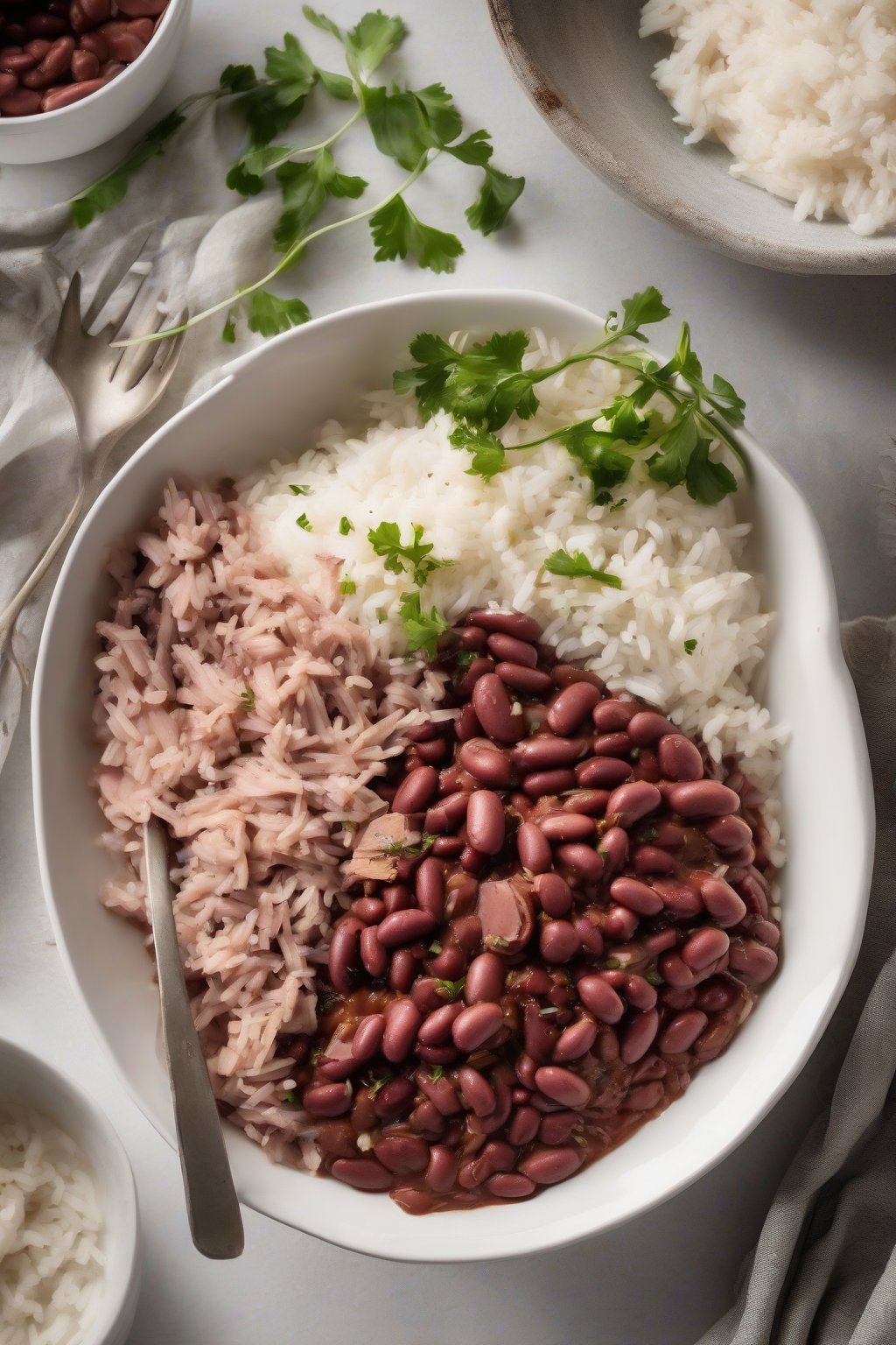 A high-resolution photo of red beans and rice with pulled smoked turkey, in a white bowl, under soft lighting.