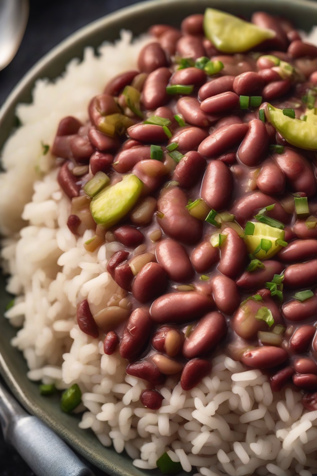 A high-resolution photo of Cajun red beans and rice drizzled with pickle juice garnish, vibrant colors, under soft lighting.