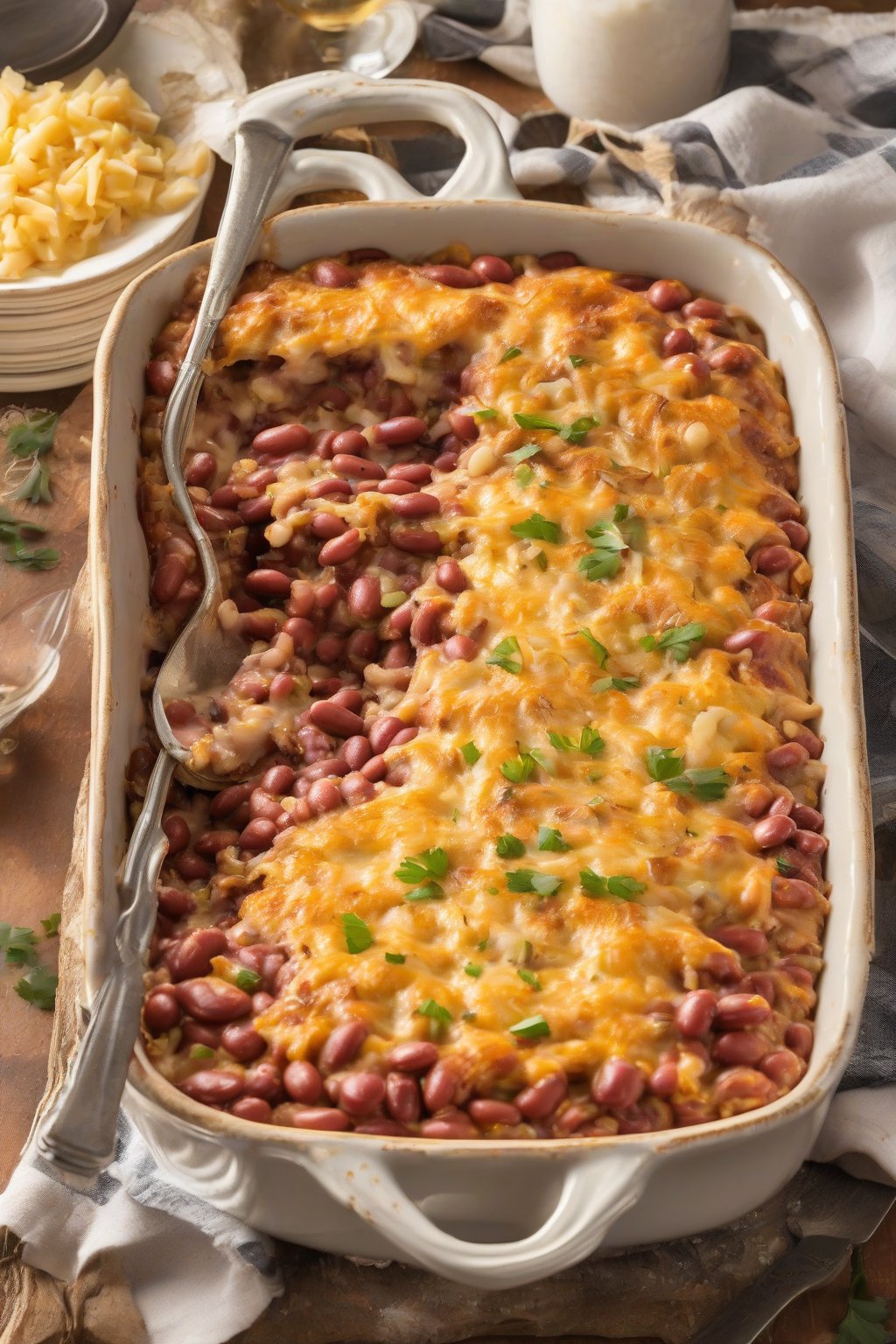 A high-resolution photo of cheesy baked red beans and rice casserole, golden and bubbly, under soft lighting.
