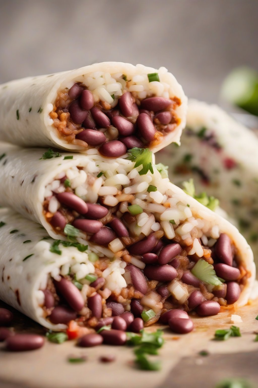 A high-resolution photo of red beans and rice burritos sliced open, revealing fillings, under soft lighting.