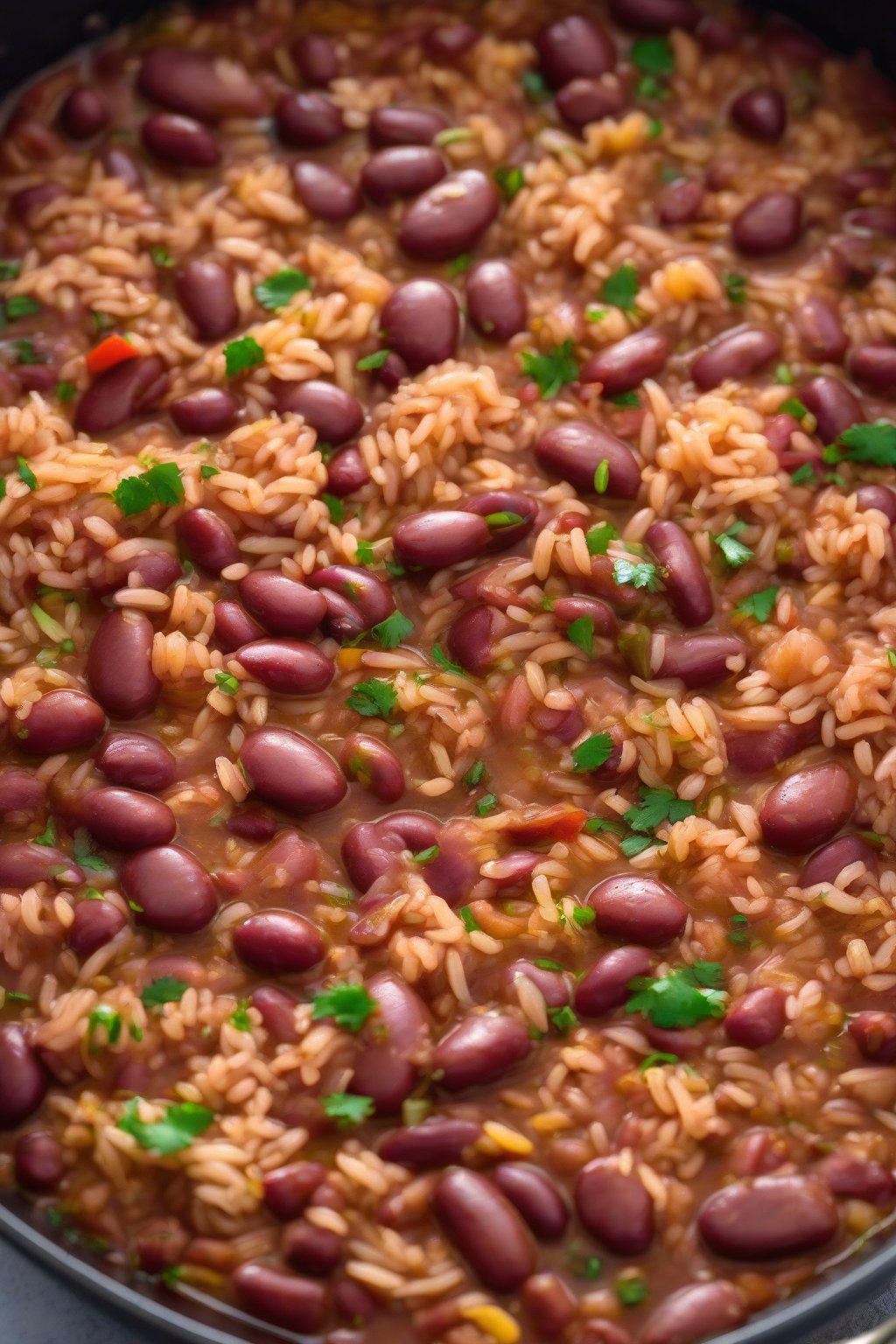 A high-resolution photo of one-pot red beans and rice jambalaya, colorful and steaming, under soft lighting.