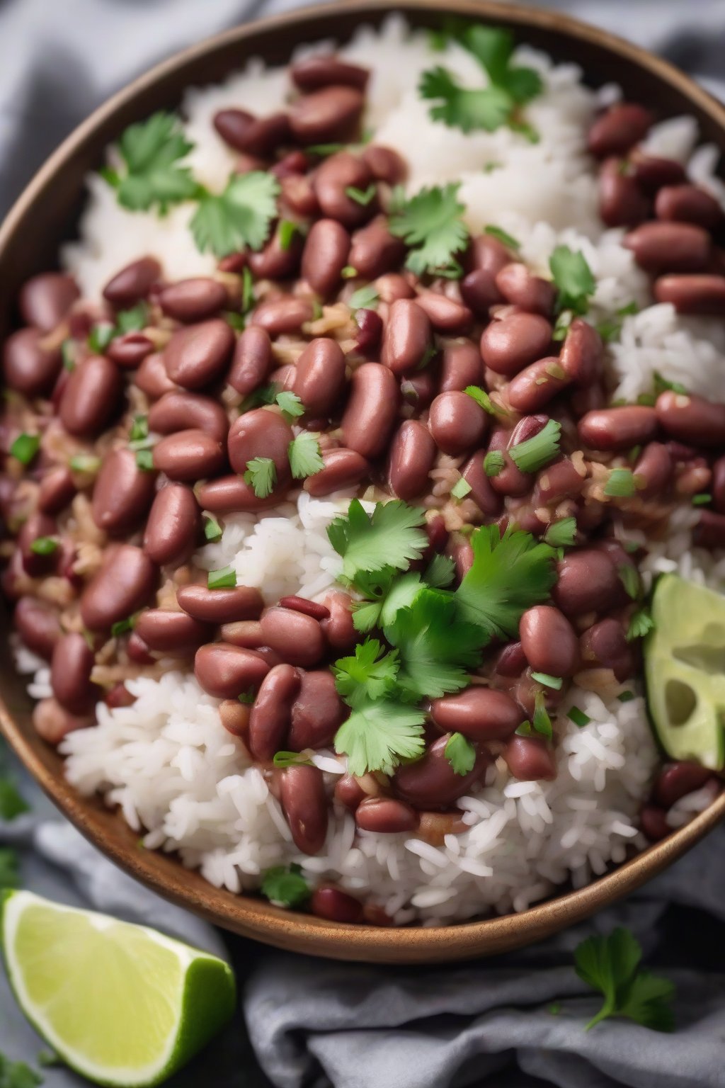 A high-resolution photo of vegan coconut red beans and rice, creamy and garnished with cilantro, under soft lighting.