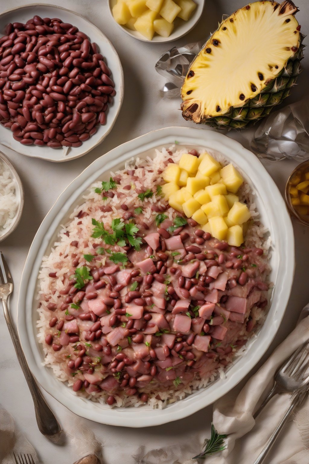 A high-resolution photo of holiday ham red beans and rice with pineapple bits, festive plating, under soft lighting.