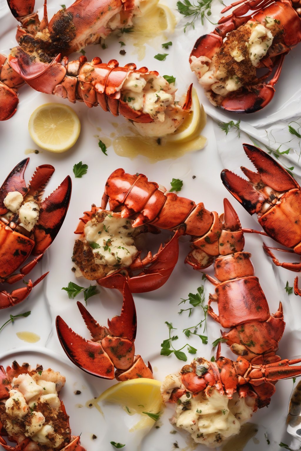A high-resolution photo of grilled lobster tails glistening with truffle butter under soft lighting.