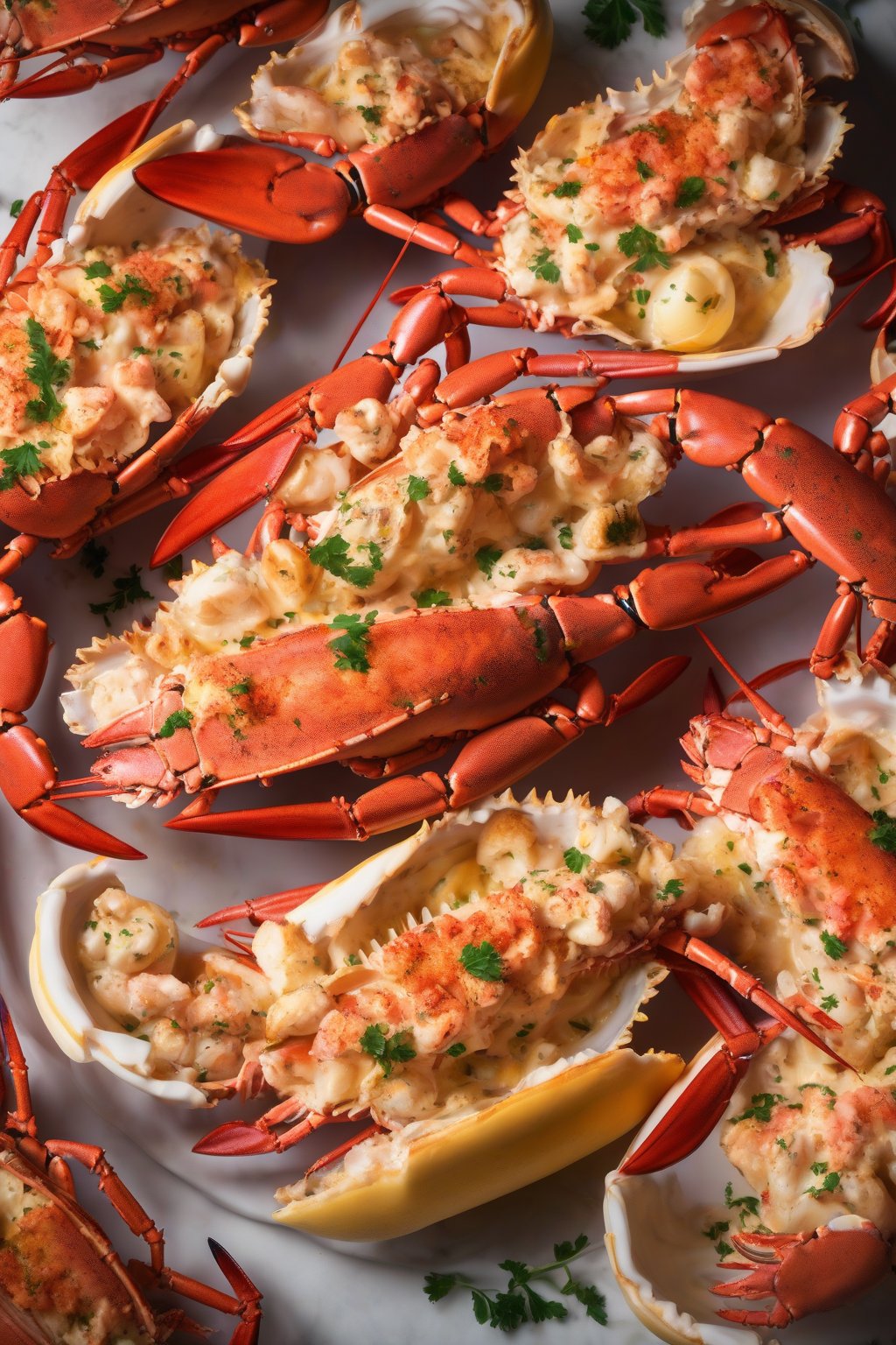 A high-resolution photo of bubbly lobster thermidor in shells under soft lighting.