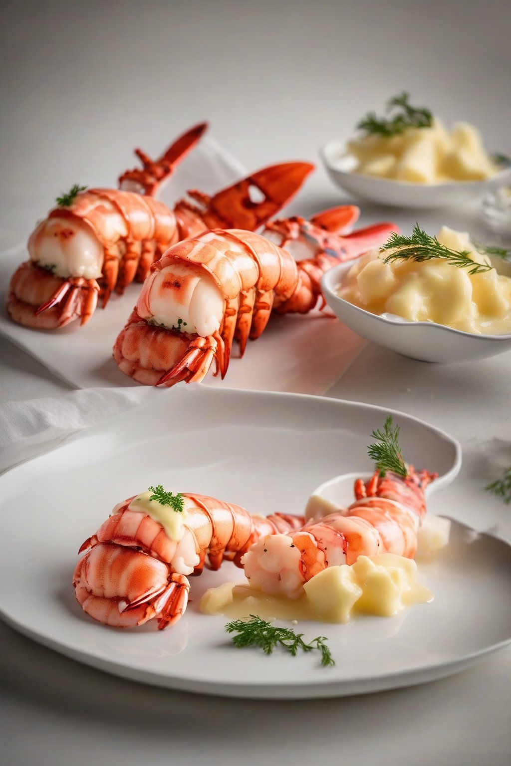 A high-resolution photo of butter-poached lobster tails on a white plate under soft lighting.