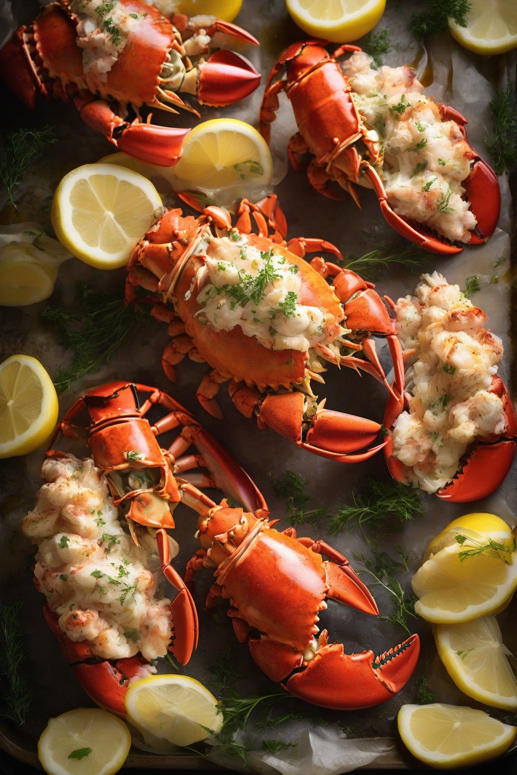 A high-resolution photo of crab-stuffed lobster tails, golden and steaming with herbs, under soft lighting.