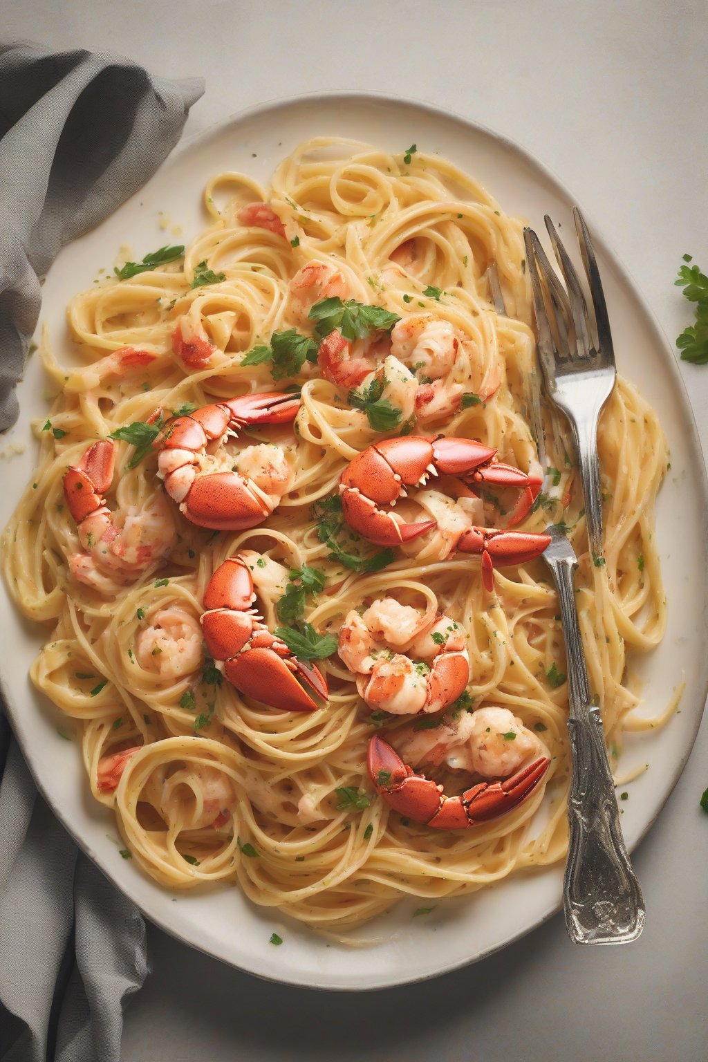 A high-resolution photo of lobster scampi pasta twirled on a fork under soft lighting.